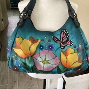 Anuschka Blue Floral Satchel with Artistic Design New Without Tags